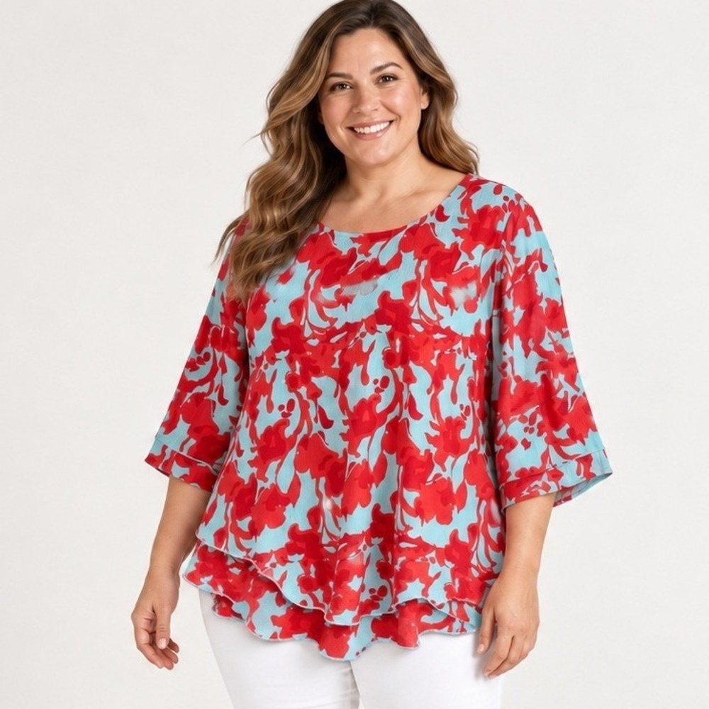 Soft Surroundings "Siesta Key" Tunic Top Red Aqua Floral Cotton Gauze Plus 3X